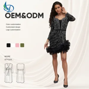 Sexy Style Dress with Nail Beads, Mini Dress, Long Sleeves, Irregular Folds, Natural Lace, Breathable