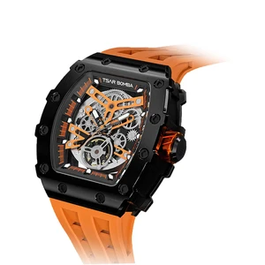 Top Brand Luxury Automatic Skeleton Dial Men's Wristwatch Carbon Fiber Case Tonneau Cool Analog High Quality Silicone Strap