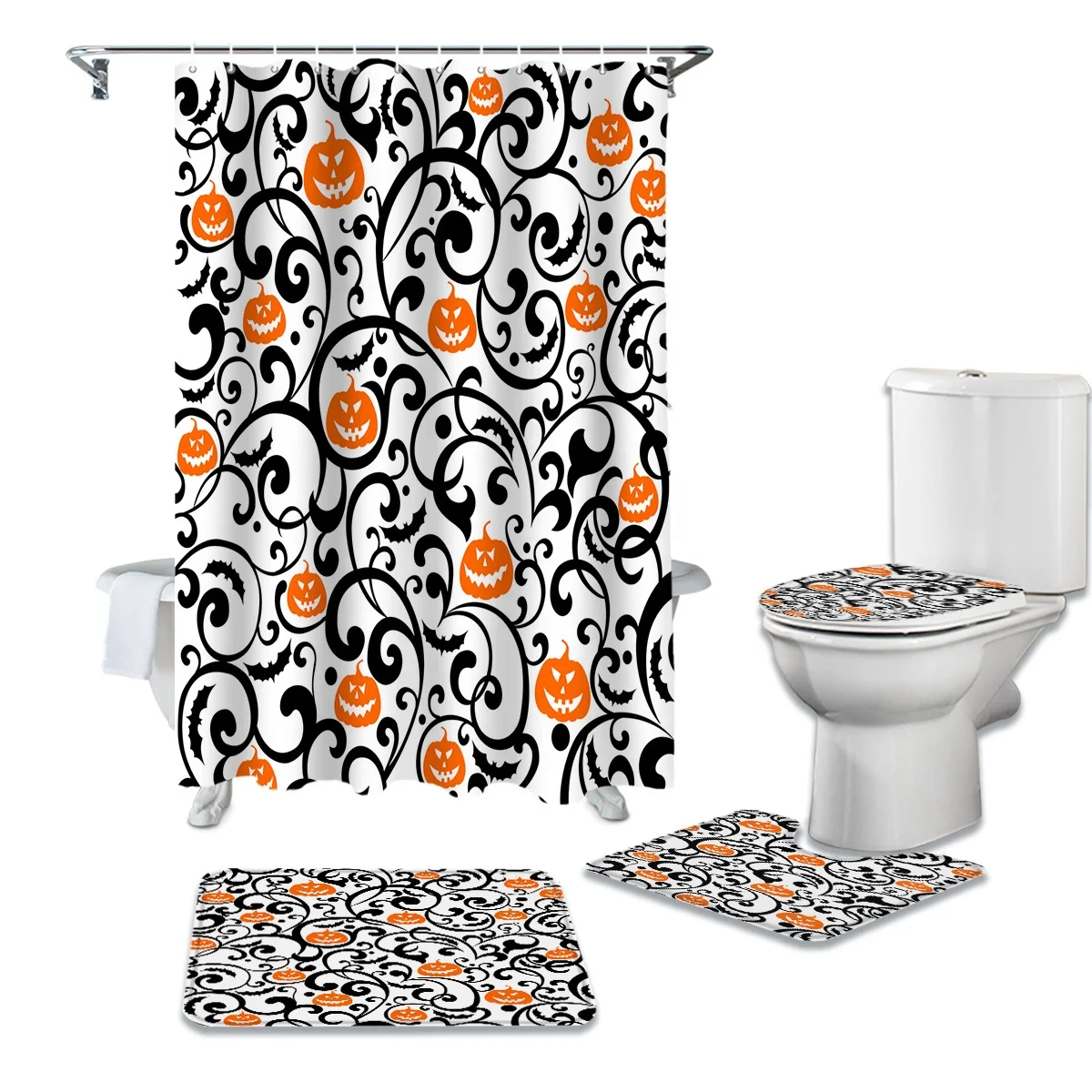 Popular Style Halloween Pumpkin Shower Curtain Set And Floor Rug Set High Quality Fabric Floral Printing 4pcs Bathroom Set Buy Custom Printed Shower Curtains