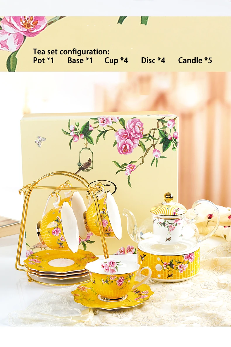 Exquisite floral design Classical ceramic porcelain tea set coffee tea cup and saucer with tea pot drinkware Gift box supplier