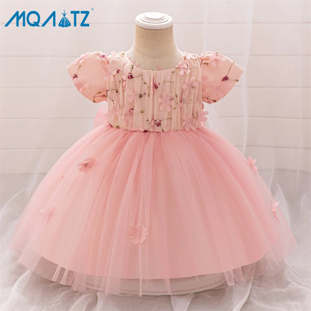MQATZ Young Girls' Puff Sleeve Midi Dress Pink Princess Ball Gown