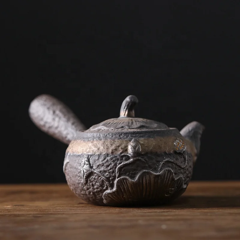 Stoneware Charm of Lotus Loop-handled Teapot Household Single Teapot Old Rock Clay Silver Retro Kung Fu Tea Teaware Teakettle
