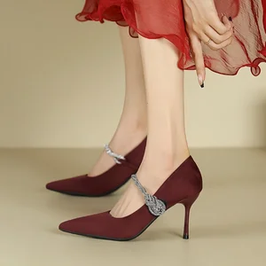 Height Increasing High Top  Closed Toe Heels  8cm Thin Heels for Evening Dress Elegant Black Satin Women's Stilettos Pointy