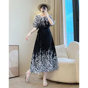 Miyake Women's Retro Floral Summer Dress New Wave Print Pleated Long Casual Dress Large Size