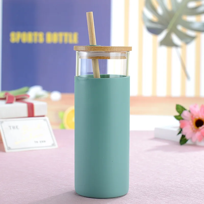 Glass and Bamboo Water Bottle with Straw