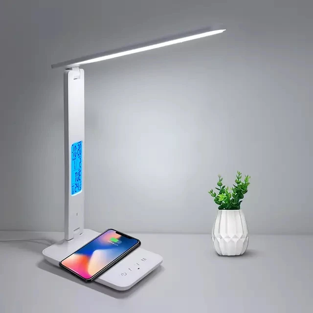 product 10w led table lamp with qi wireless charger alarm clock eye protection usb charging port 5v 21a ac power supply plastic body-42