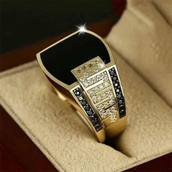 CHENGYI Brass Jewelry Set Zircon Men's Ring Gold Plated Black Wide Strap Ring
