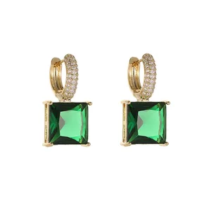 A500 Qoolady Women's Fashionable Green Cubic Zircon Huggie Drop Earrings Big Square Pendant Trendy Wedding Gift Rhodium 18K Gold