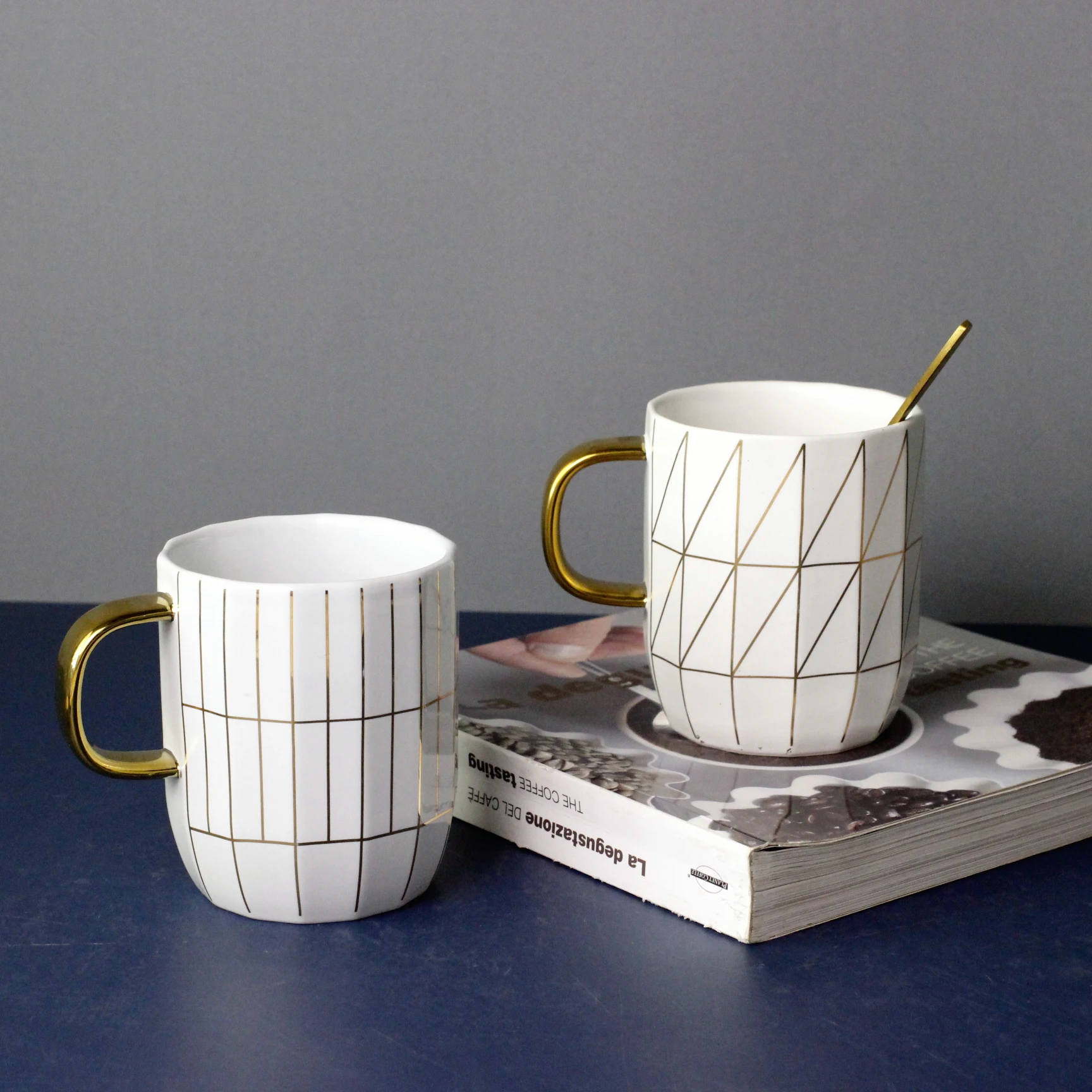 Nordic Luxury Gold Line Polygon Custom Ceramic Coffee Mug WIth Gold Handle Porcelain Cup With Spoon