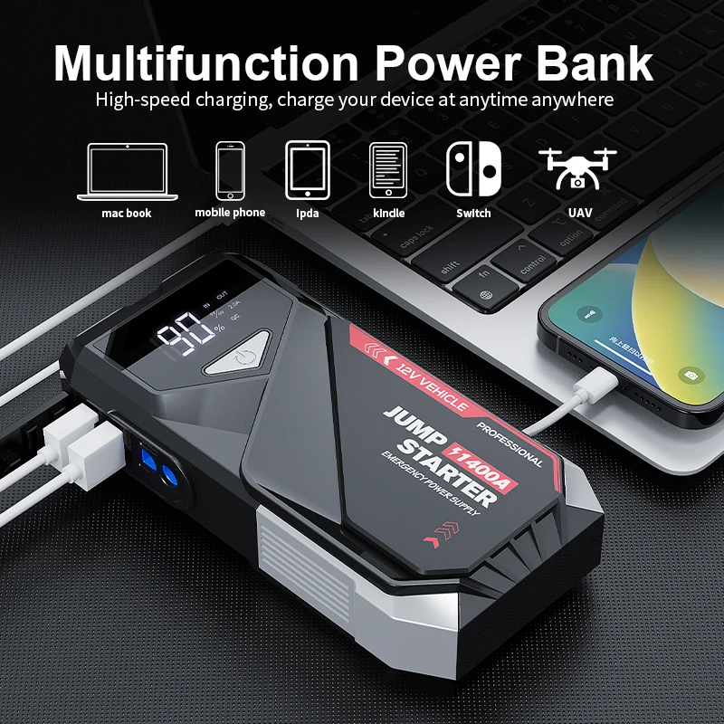 High-Power 10000mAh Car Jump Starter Multi-Function Portable Lithium Battery Power Bank with 2000A 45W Total Output