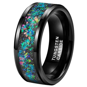 Coolstyle Jewelry Wholesale 8mm Black Tungsten Ring for Men Women Fashion Jewelry Engagement Wedding Band Galaxy Opal Inlay