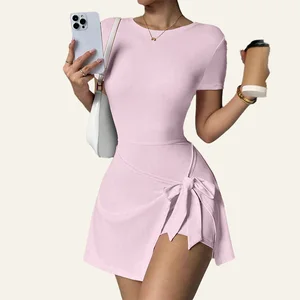 New Women Stitched Yoga Jumpsuits Gym Fitness Short Sleeve Dress BodySuits Workout Clothes Sportswear Shapewear Tennis Skirt