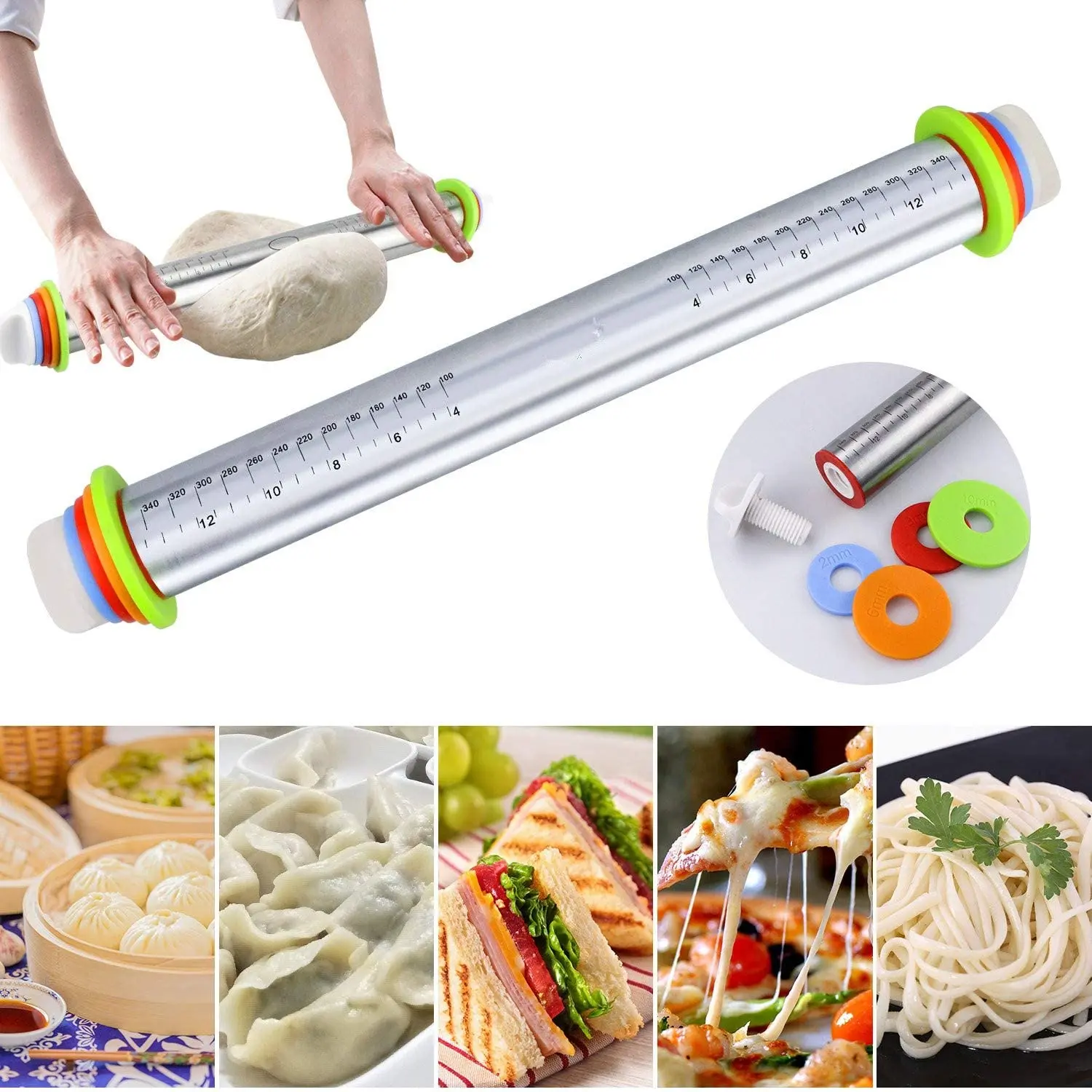 Rolling Pin Thickness Rings Adjustable Dough Roller Rolling Pins for Baking Pasta Pizza Pie Cookies