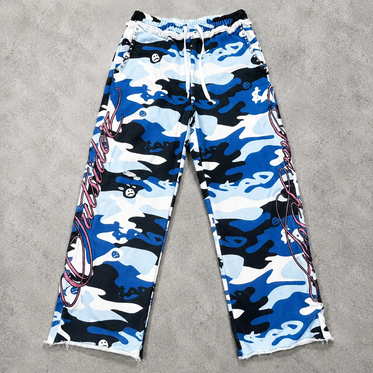 Streetwear Custom Blue Camouflage Graphic Drawstring Baggy Wide Leg Raw Hem Loose Fit Casual Urban Full Length Men Sweatpants