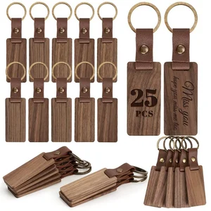 Premium Quality Rectangle Wooden Keychain Black Walnut and Beech Leather Encased Metal Keyring with Custom Logo