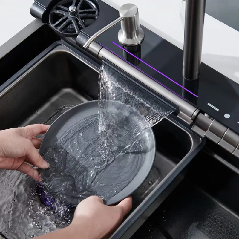 Multifunctional Smart Stainless Steel Nano Step Honeycomb Sink Kitchen Temperature Display Piano Key Waterfall Kitchen Sink Sets