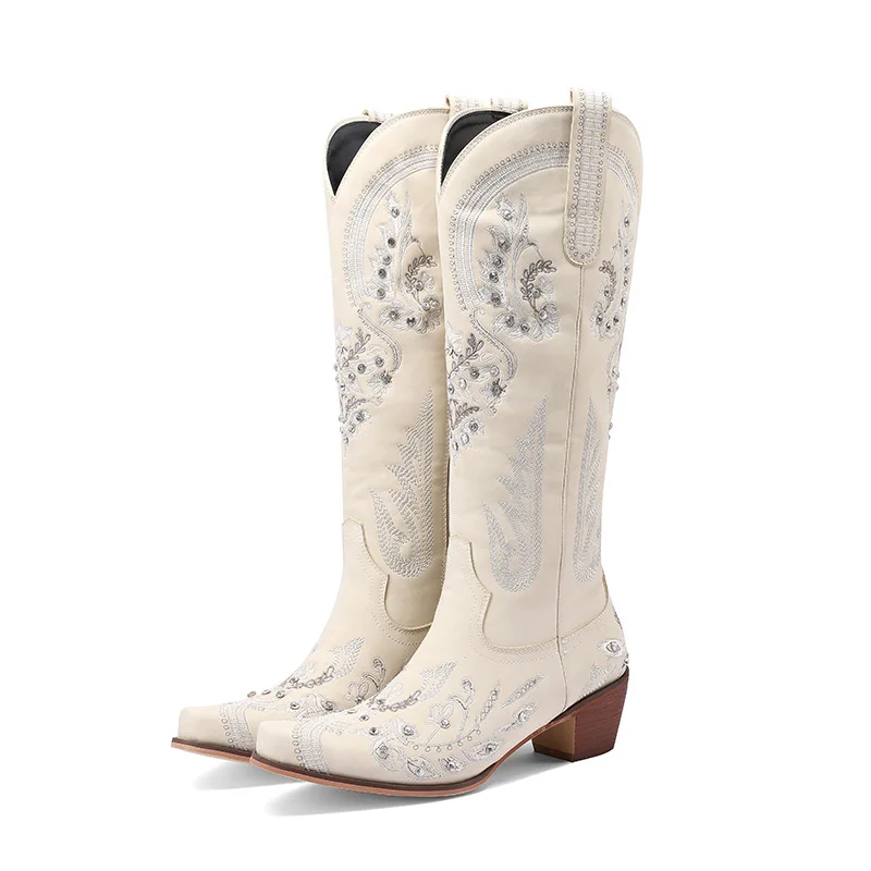 Hot Selling Female Floral Embroidery Knee High Boots Pointed Toe Women Chunky Heel Rhinestone Western Cowboy Boots - Image 3