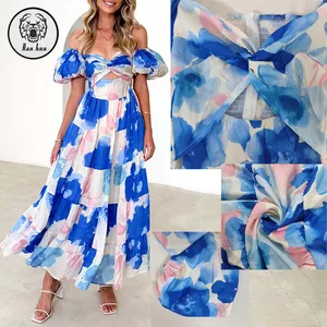 New Arrival Puff Short Sleeve Blue Floral Summer High Quality Clothes Women Casual Maxi Dresses