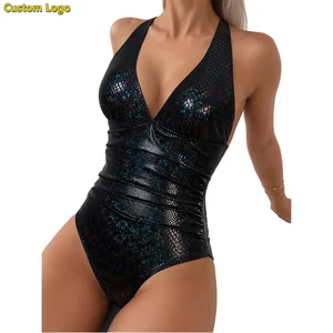 Wholesale Custom Logo Swimwear Black Snake Print One-piece Swimsuit Ladies Deep V-neck and Tie-up Sexy Backless Beachwear 2026