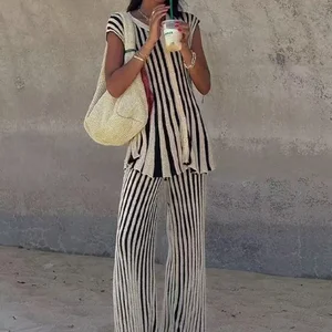 482686 Summer Clothing Vendor Sleeveless Unique Stripped Color Patchwork Knitted Blouse Tops and Pant 2 Pieces Sets for Women