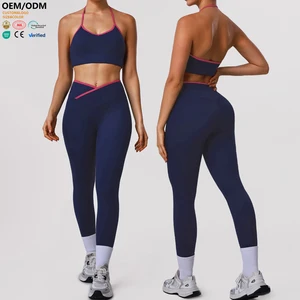 XW-LD0025-2 Custom Breathable Fitness Gym Clothing Sports Bra Women Cross Waist Training Chest Pad 2 Piece Yoga Wear Set