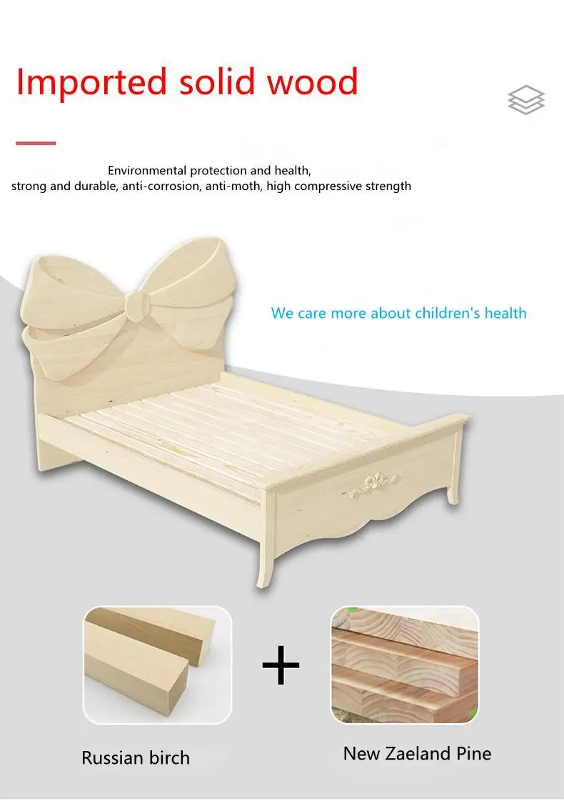 Bowknot Princess Bed Girl Dream Single European Style Children's Room Furniture Girl Solid Wood