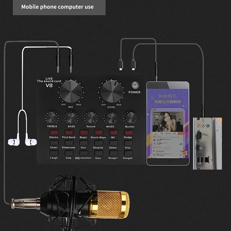 BM800 Microphone Studio Podcast Microphone Kits with V8 Sound Card Condenser Microfone for PC Wired Pink Color Mic Hand No Wifi