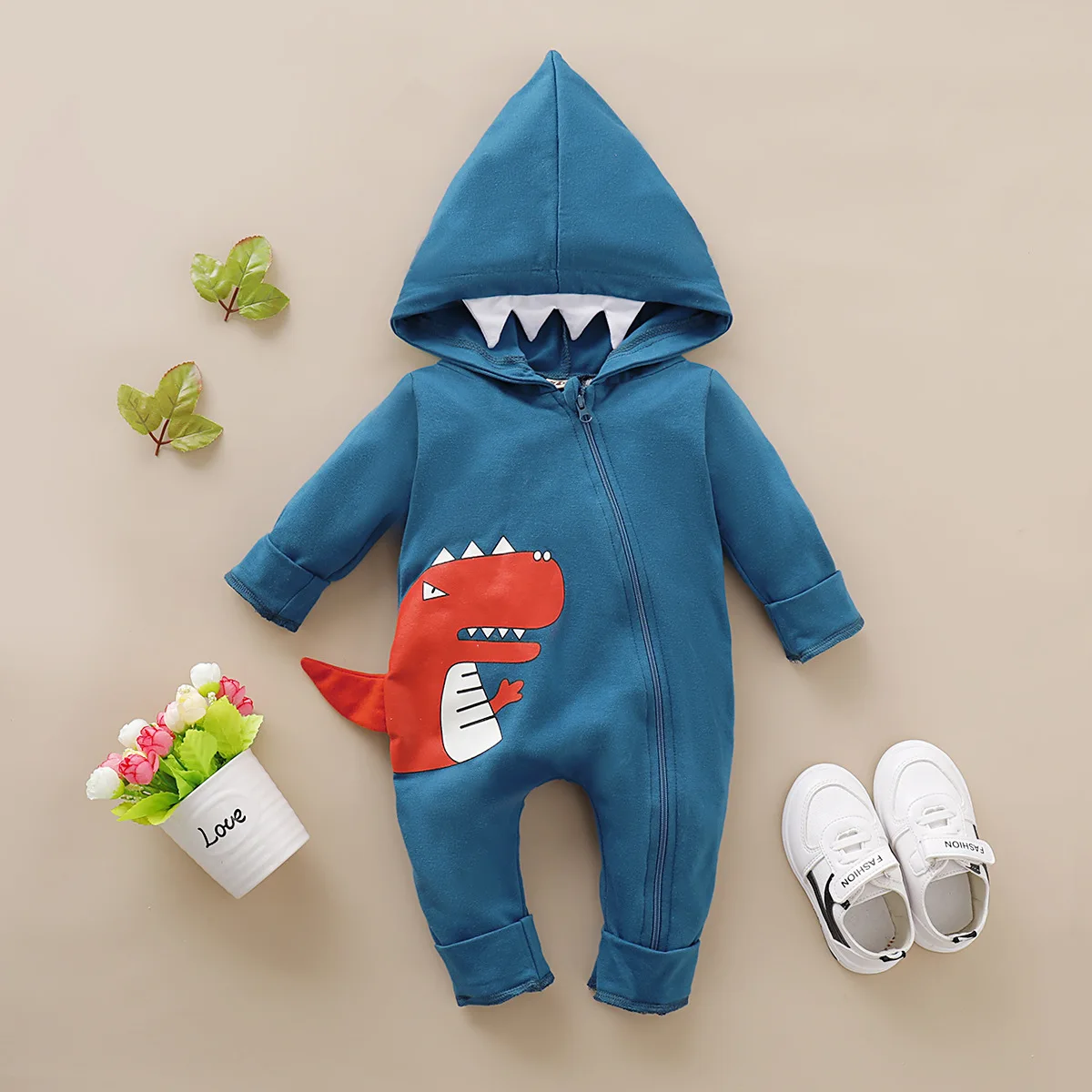 Комбинезон с капюшоном на молнии с динозавром; Одежда для малышей; Комбинезоны для новорожденных мальчиков