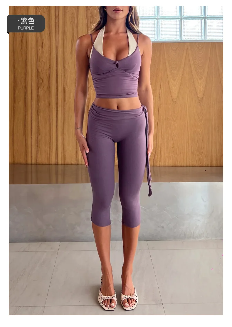 Yoga Halter Crop and Capri Leggings Set V Neck Self Tie Waist Four Way Stretch Quick Dry Activewear — detail