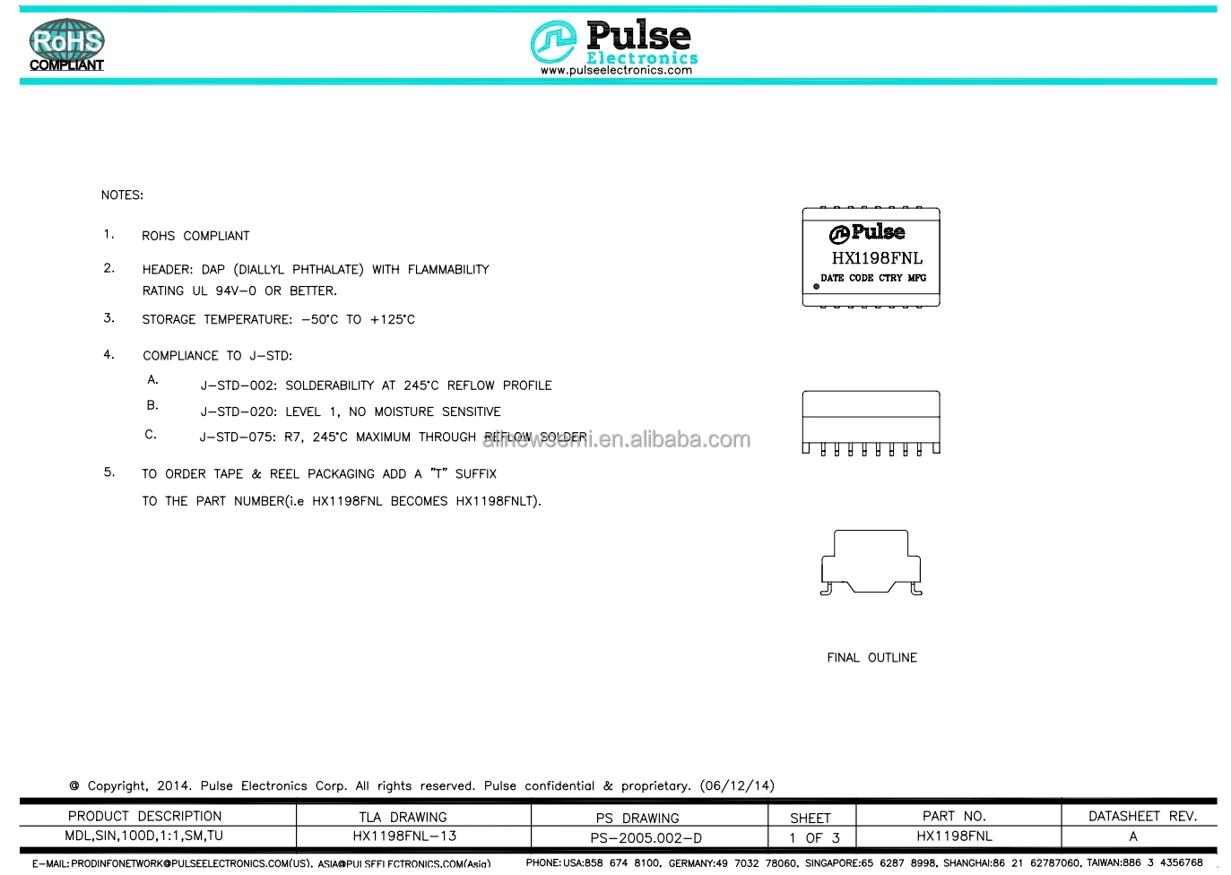 Hot sale Original HX1198FNL Pulse Transformer 350uH LAN 10/100 Base -T Pulse Transformer Transmitter 1CT Receiver Surface Mount