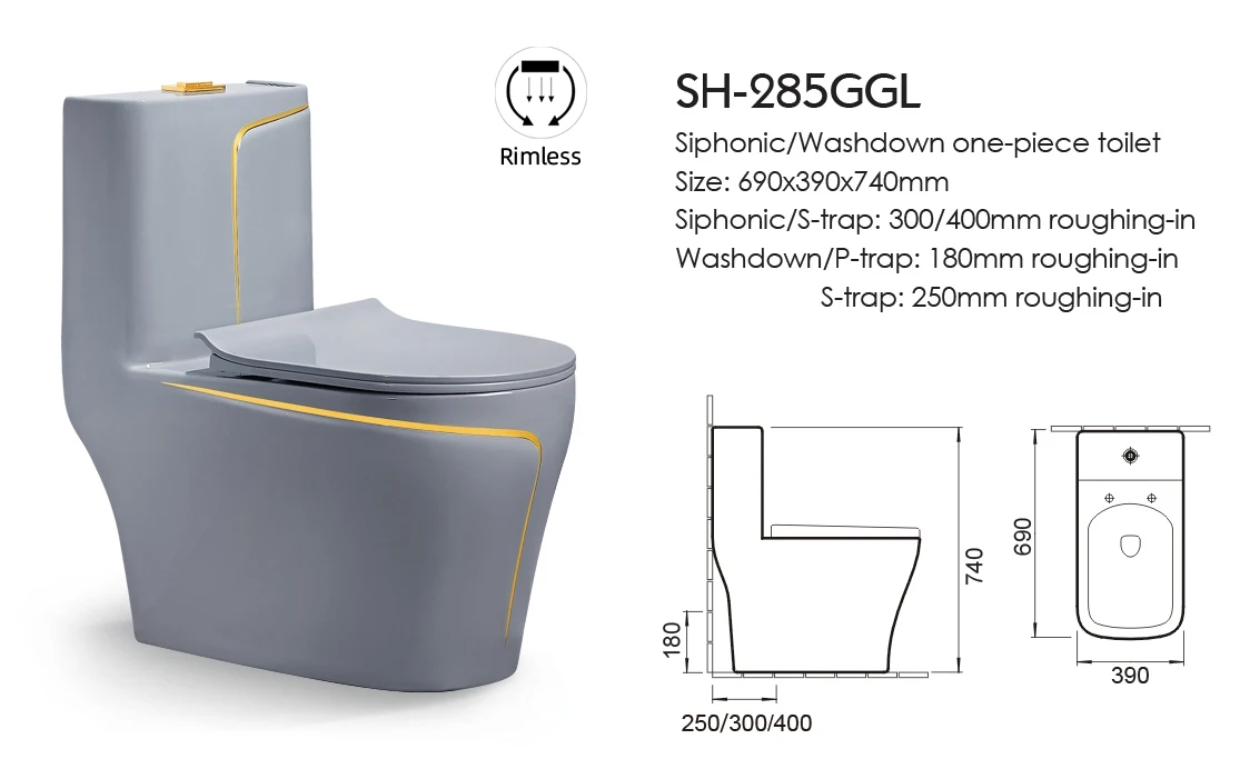 Gray Gold Line Luxury Design Wc Floor Mounted Water Closet Wash Basin Bathroom One Piece Toilet