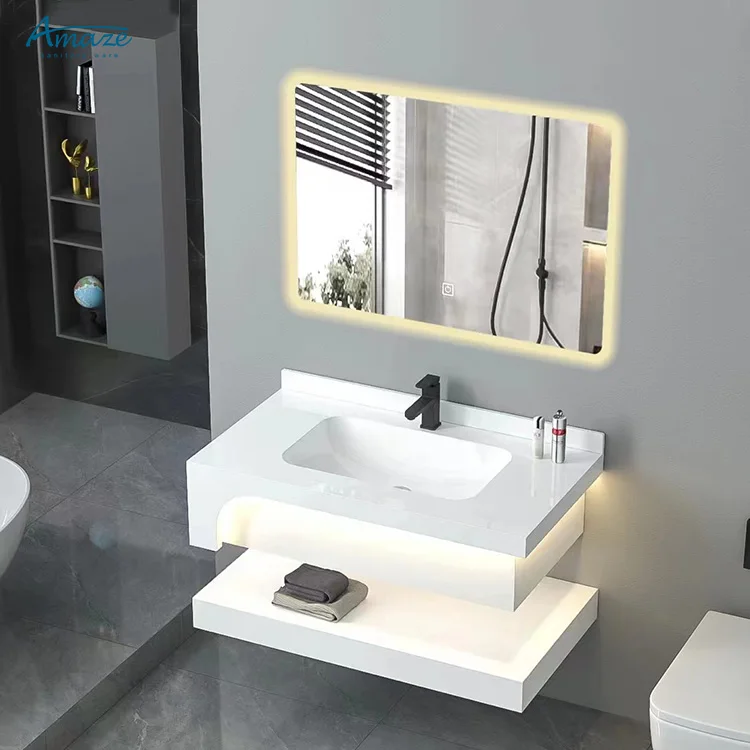 Factory supply modern wall mounted marble sintered stone wash basin smart led mirror makeup bathroom vanity sink