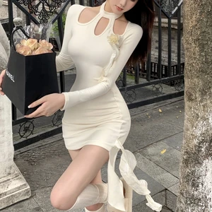 Women's Long-Sleeve Halter Neck Knit Dress - Tight-Fitting Mini Style, Casual Slimming Outfit for Spring & Autumn
