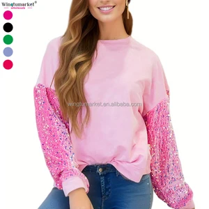 Custom Sparkle Crew Neck Sweatshirts Adults Kids pink Sequin Sleeve Oversize Crewneck Sweatshirt for Women