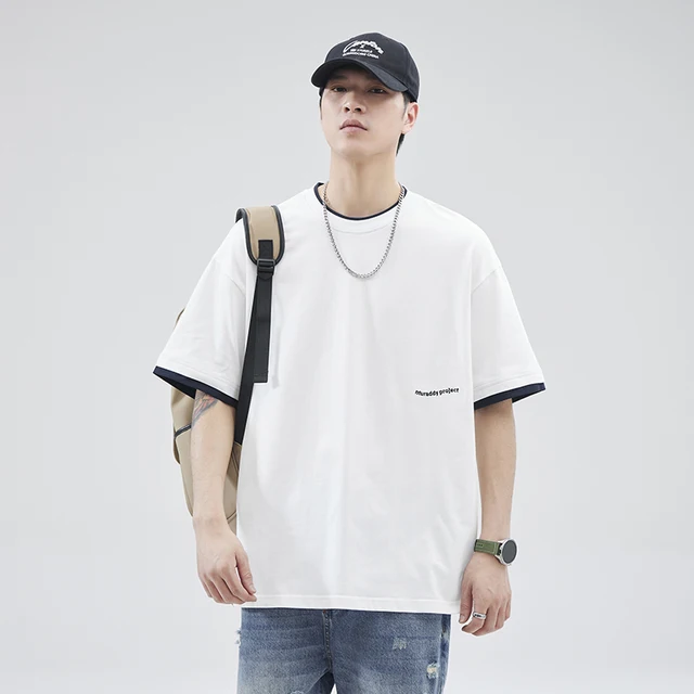 Trendy heavyweight short sleeved T-shirt, men's loose fitting pure cotton, men's round neck, fall off shoulder sleeve T-shirt