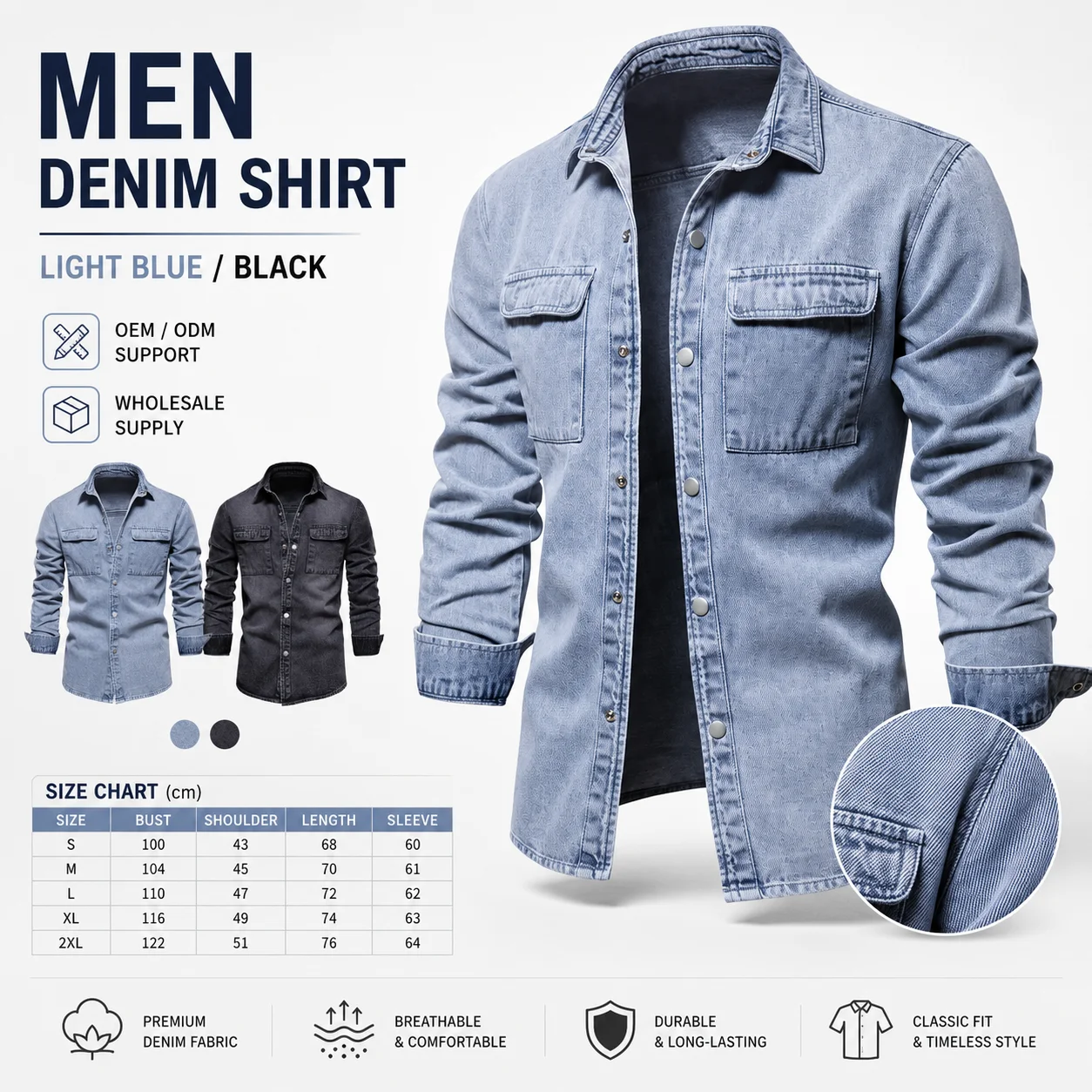 Autumn 100% Cotton Denim Shirts Men Casual Solid Color Long Sleeve Shirt for Men Spring High Quality Jeans Male Shirt