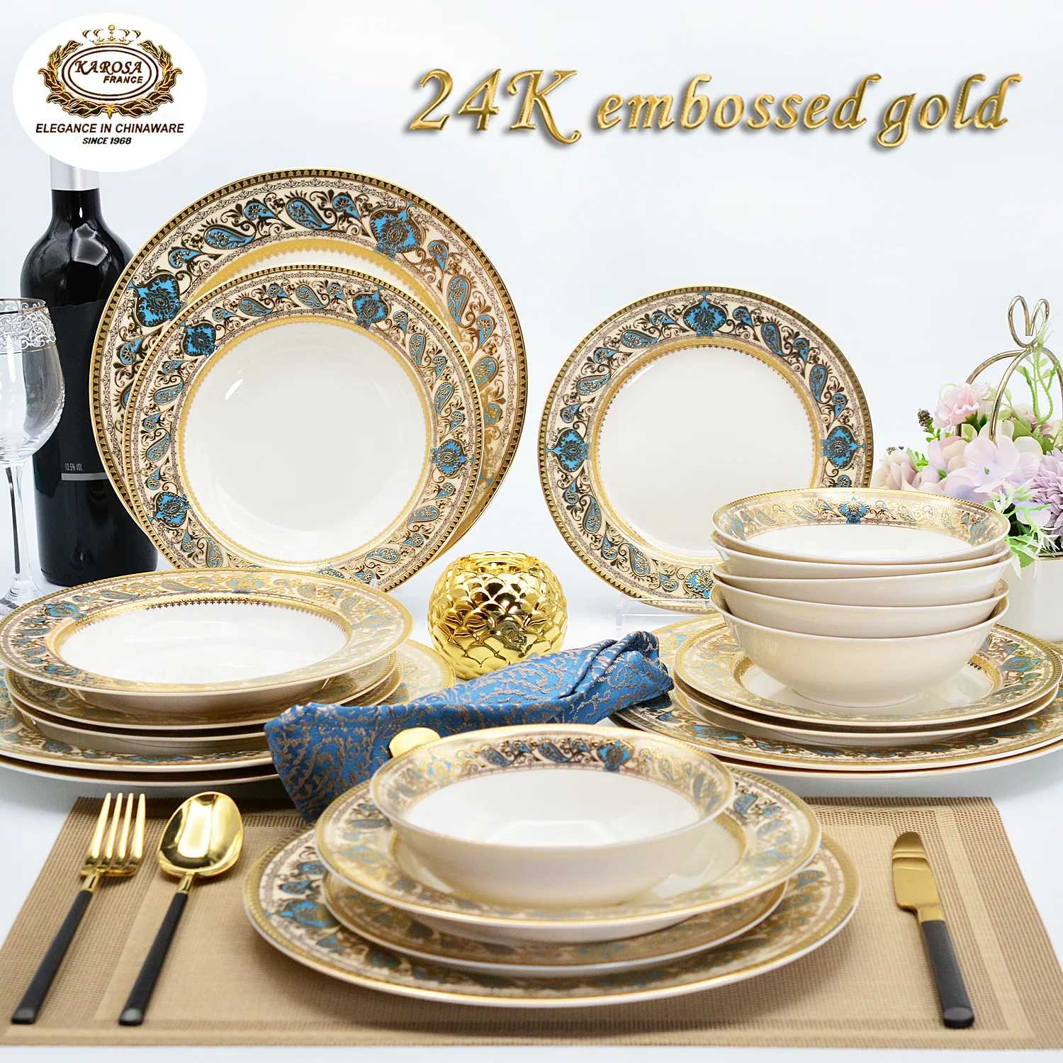 Juego de vajilla de porcelana de color dorado para boda de 24 - Main Image