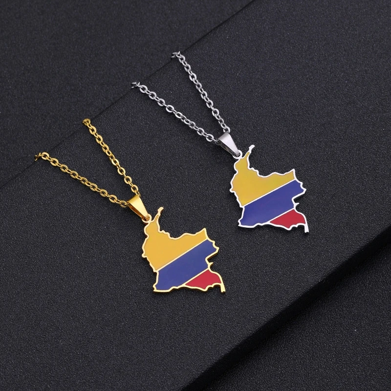 Stainless Steel Colombia Map Heart Pendant Necklace - Gold Plated Colombian Flag Jewelry For Women - View #3