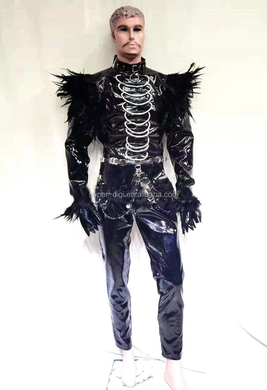 Party Singer Sexy Black Patent Leather Feather Knight Jumpsuit Gogo Costumes  For Women Men DJ DS Party Stage Performance cloth| Alibaba.com