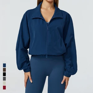 Wholesale Women Loose Full Zip up Long Sleeve Sports Coat Outdoor Workout Zipper Crop Yoga Gym Jacket With Pockets