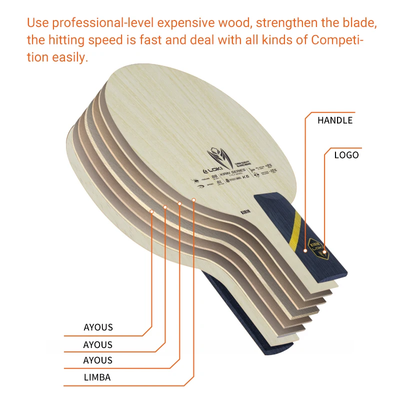Loki K6 Table Tennis Blade - Professional Wood Paddle, 7-Ply Ayous