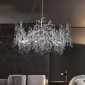 Decorative Hanging Lamp Led Aluminum Tree Branch Glass Crystal Raindrop Chandelier Living Room