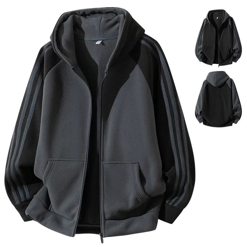 Fleece hooded jacket, windproof, patchwork, warm, loose fit, size M-8XL, full zipper, color-blocked stripes, sporty, casual, everyday, outdoor.