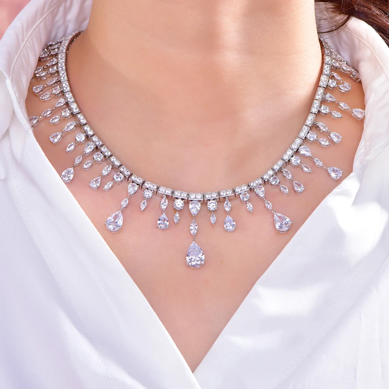 Luxury Designer Jewelry Diamond 925 Silver Rhodium Plated Bridal Choker Necklace