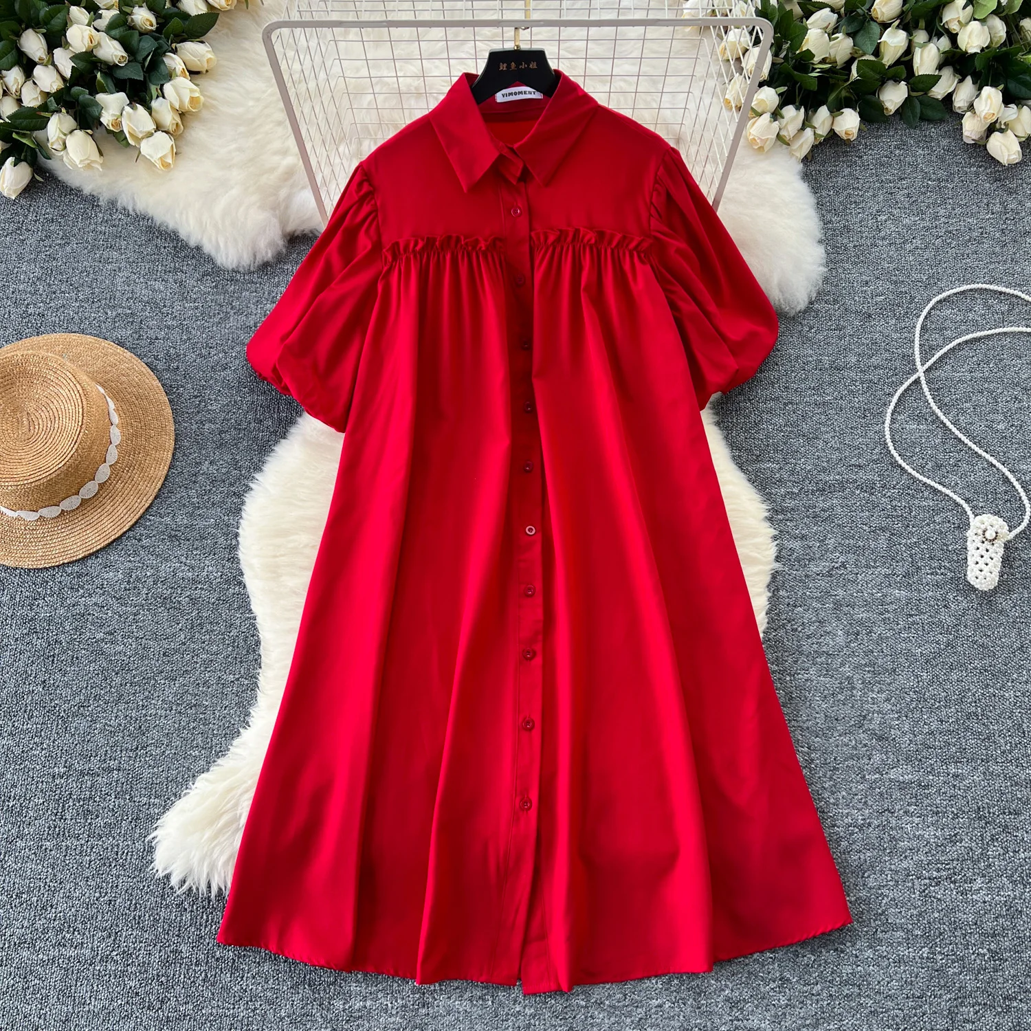 Camicia sottile abito Midi da donna manica lanterna stile impero