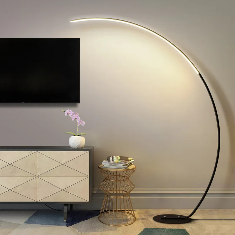 LED Dimmable Floor Light with Remote Control Elegant Curved Stem Acrylic Lampshade Arched Design Standing Lamp for Living Room