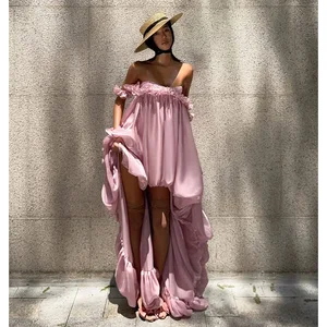 New Cross-border Strapless Dress Europe and America Irregular Pink Chest Wrapped Ruffles Lace Vacation Beach Party Dress