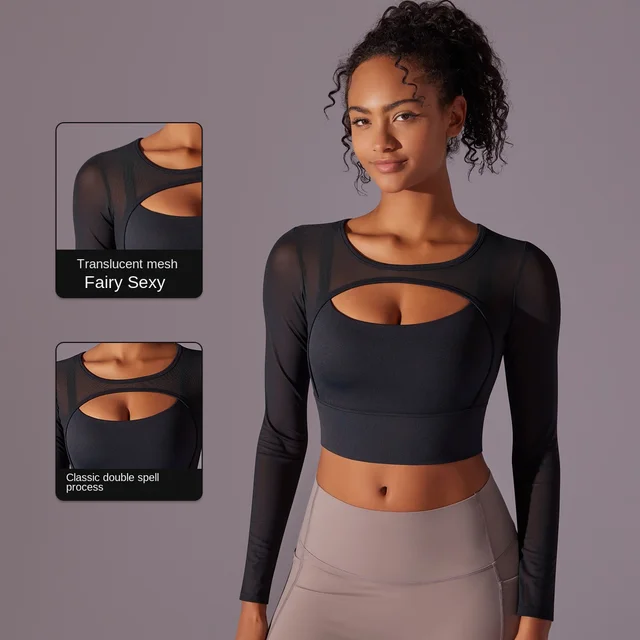 Sexy Mesh Patchwork Long Sleeve Sports Bra Padded Nylon Slimming Workout Shirts Top Gym Fitness Yoga Crop Top