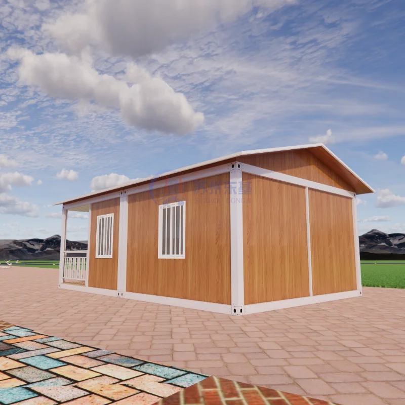 Màu gỗ, tùy chỉnh theo cá nhân, nhà tiền chế 3 phòng ngủ cho gia đình, nhà container mái dốc kép