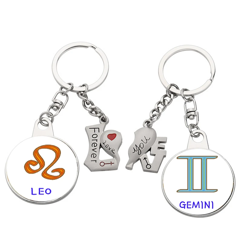 12 Zodiac Sign Key Chains Glass Astrology Pendant Key Rings Round Keychain Gift 